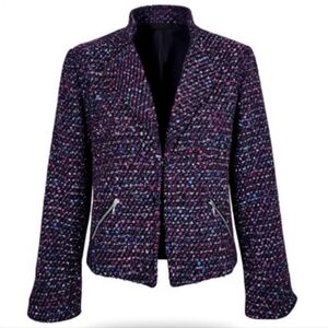 Chicos Tweed Blazer 1 M 8 Black Purple Silver Metallic Zip Pockets Slit Cuffs